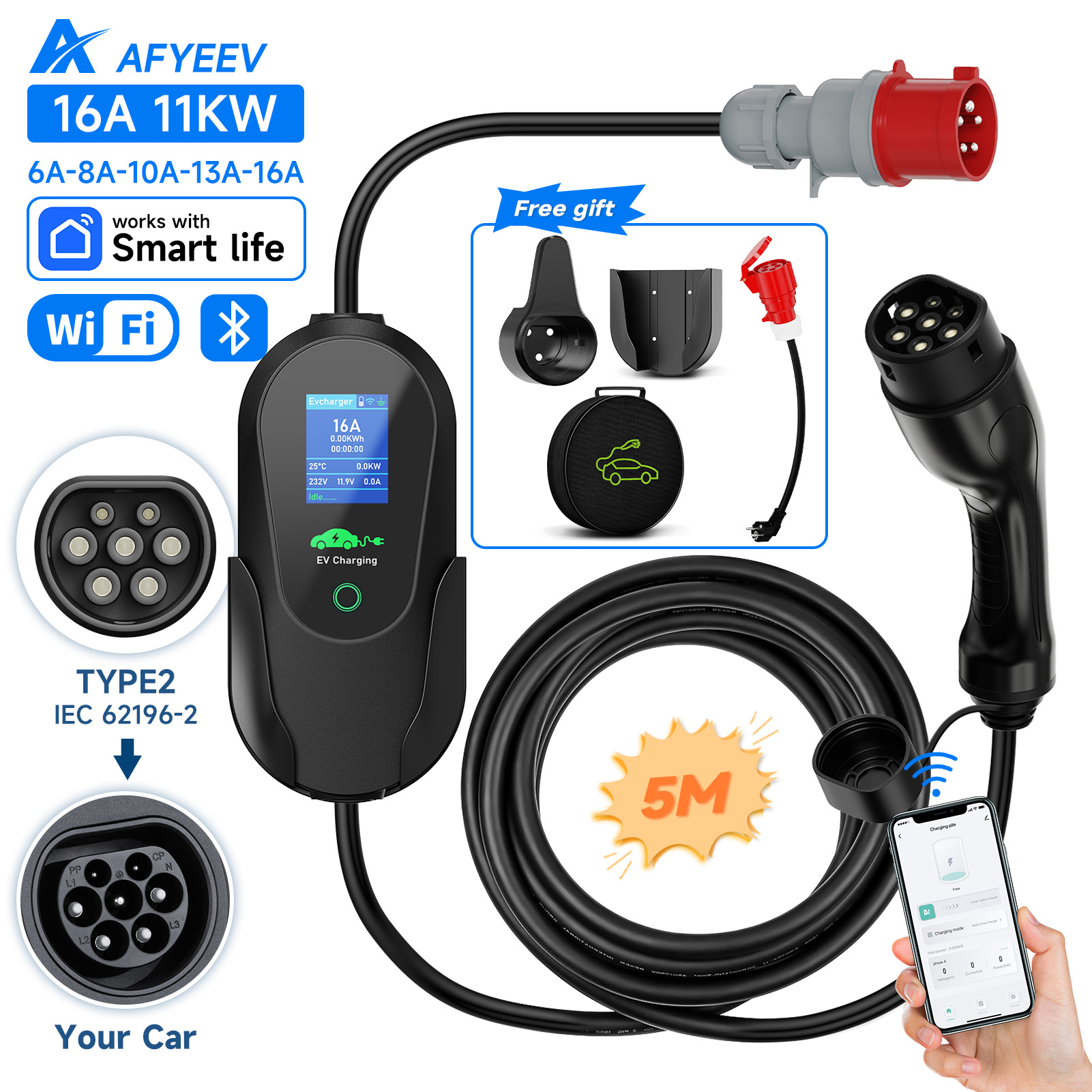 Type 2 Portable Ev Charger 11Kw Cee - AFYEEV Type2 draagbare EV-oplader 11KW 16A