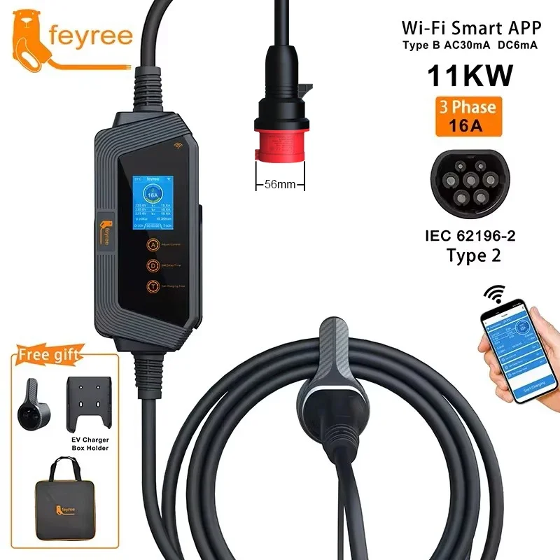 Feyree 11KW 16A 3-fasen Type 2 - Type 2 Portable Ev Charger 11Kw Cee recensie en prijs